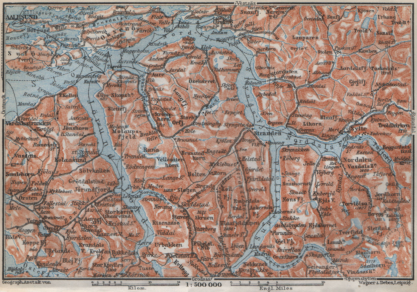 Hjørundfjorden Geirangerfjord topo-map. Alesund Stranda Skodje. Norway 1912